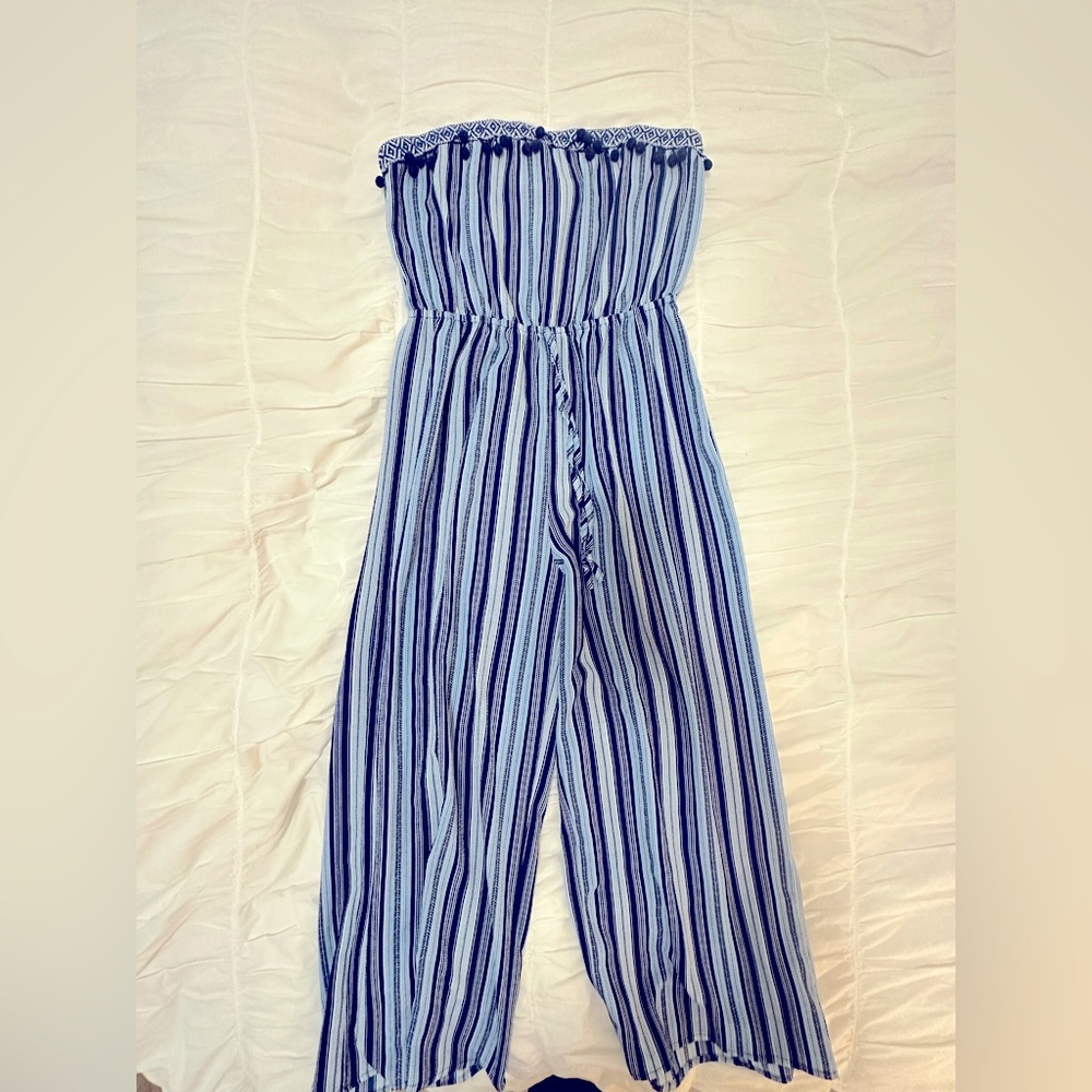 Blue and white striped jumpsuit